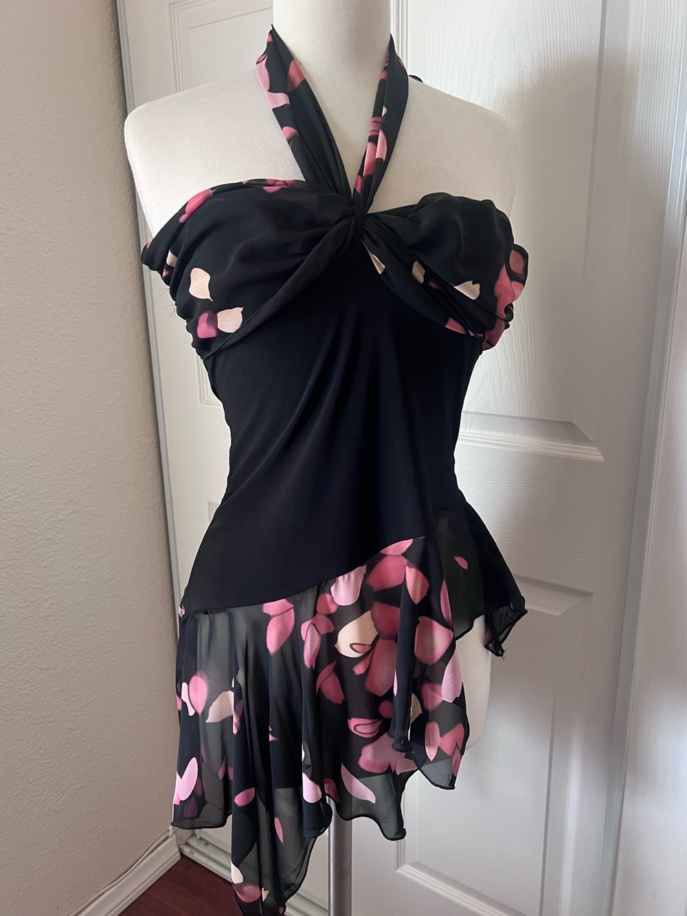 Black One-Shoulder Dress with Pink Floral Accents